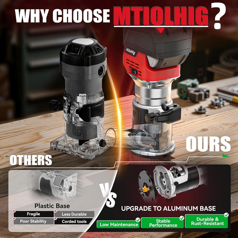 MtiolHig Cordless Compact Router Compatible with Milwaukee Battery, 6 Variable Speeds Router Tool for Woodworking, 800W Fixed Base Wood Router with Trim Router Bits, Bare Tool - Image 3